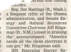 Jeff Bingaman:  "American needs all the clean electrons it can get."