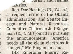 Jeff Bingaman: "American needs all the clean electrons it can get."