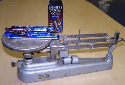 Group of Hershey's Sticks on triple-beam balance