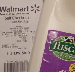 $2.23 quart of 1% Lowfat Milk at Walmart.  Yes, "lowfat" is one word.  