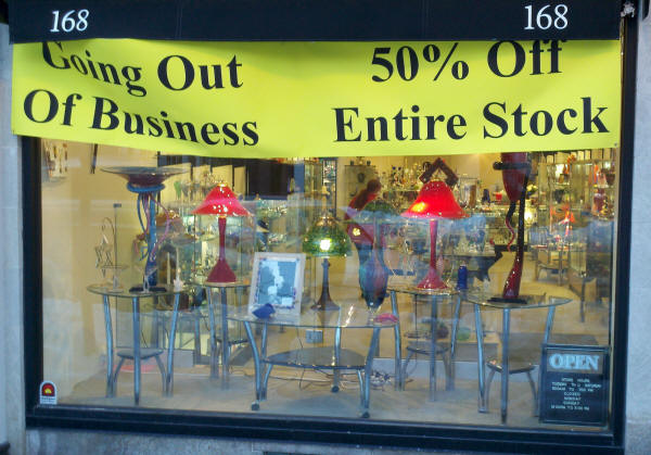 Artistic Hand Blown Glass store, Stamford CT.  Going out of business sale sign.