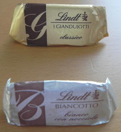 Lindt Giandujotti and Biancotto, still wrapped.  What will I find inside?