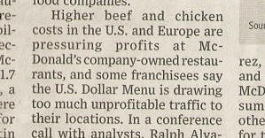 WSJ 24 July 2008 - McDonald's article - U.S. Dollar Menu is drawing unprofitable traffic