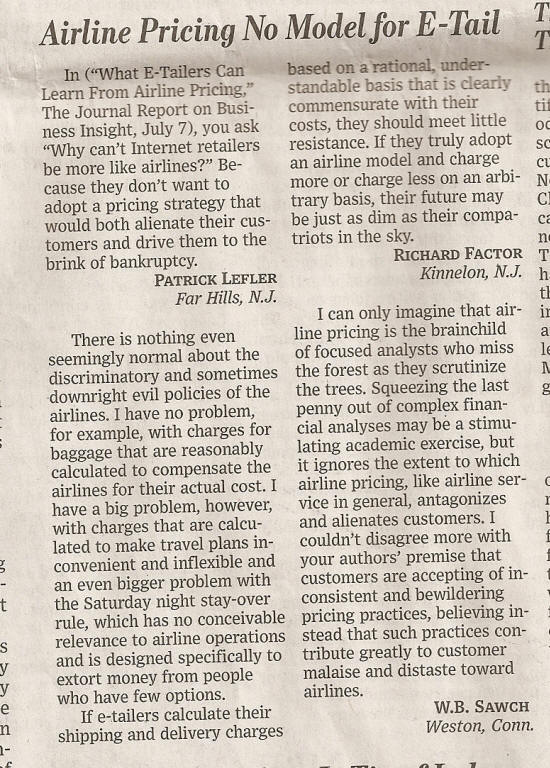 Wall Street Journal 17 July 2007 Letters Excerpt