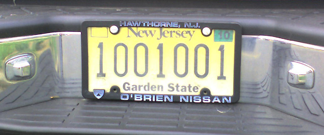 Photograph of NJ License Plate "1001001"