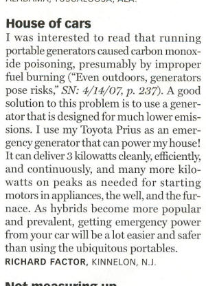 Richard Factor letter to Science News about small generators and carbon monoxide