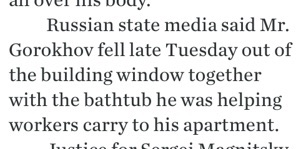 Russian state media said Mr. Gorokhov fell late Tuesday out of the building window together with the bathtub he was helping workers carry to his apartment.