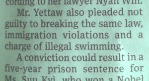 Mr. Yettaw pleads "not guilty" to a charge of "illegal swimming."
