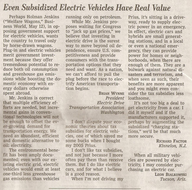 Wall Street Journal 19 May 2010 Letters:  "Even Subsidized Electric Vehicls Have Real Value"