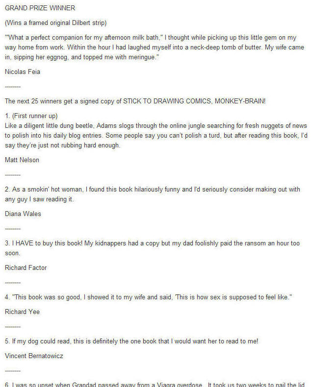 Excerpt from Dilbert Blog showing first few blurb contest winners.