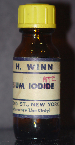 Bottle of potassium iodate (iodide scratched out on the label)