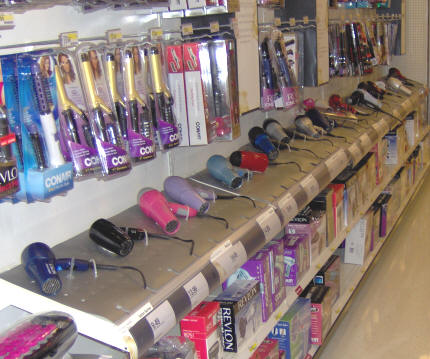 Array of 18 hair dryers at Target store
