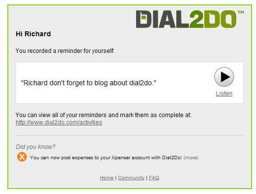 Dial2Do Web service demo showing "reminder" I sent myself
