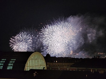 Fireworks viewed from the rooftop lounge of the Turin Palace Hotel