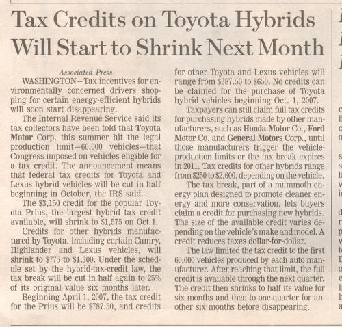 Hybrid Tax Credits Expiring - WSJ 21 Sept 2006